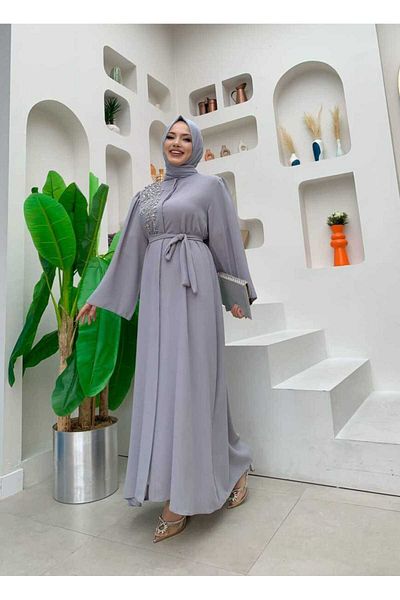Bym Fashion Shoulder Stone Embroidered Waist Tie Ferace 7805 Gray