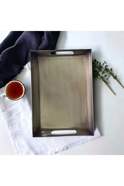 LUCKYHOMES Custom Galvanized Gold Plated Square Rectangular Tray with Self Handles 23x33 Stainless