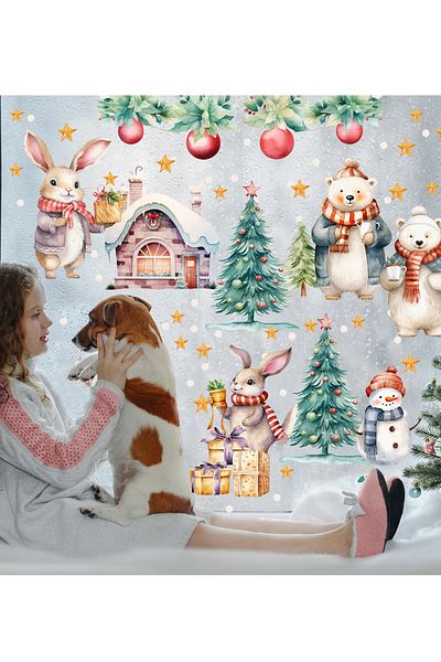 Sim Tasarım Fun Christmas Party Cheerful Bears and Rabbits Glass Wall Decorative Sticker