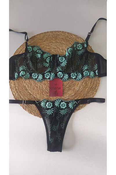 COLOR DE PIEL GREEN DAISY FLOWER EMBROIDERED BRALET BRA SET