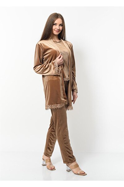 Nuseel Γυναικείο βελούδινο σετ νυχτικό 3 τεμαχίων χρυσό