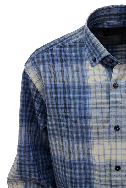 YILDIZ GÖMLEK Navy Blue Cream Plaid Pattern Buttoned Collar Single Pocket Classic Cut Winter Cotton Men's Shirt