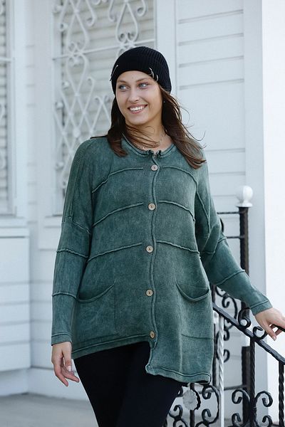 AYASOFYA OTANTIK Women's Khaki Crew Neck Bag Pocket Button Closure Asymmetrical Loose Cotton Knitwear Cardigan Sweater