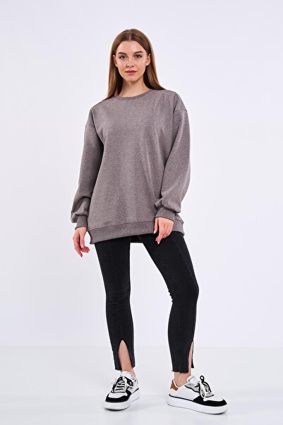 COMEOR Καφέ γυναικείο φούτερ από βαμβακερό Oversize Basic Crew Neck