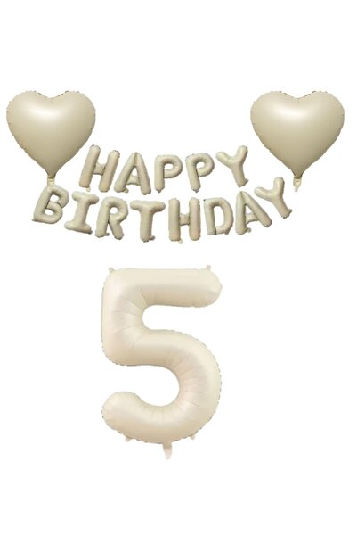RÖNESANS PARTİ Beige Color Happy Birthday Set Heart and Number Foil Balloon S...