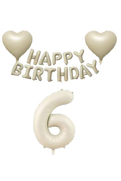 BEST PARTİ DOĞUM GÜNÜ PARTİ SÜSLERİ Beige Color Happy Birthday Set Heart and Number Foil Balloon Set Age 6