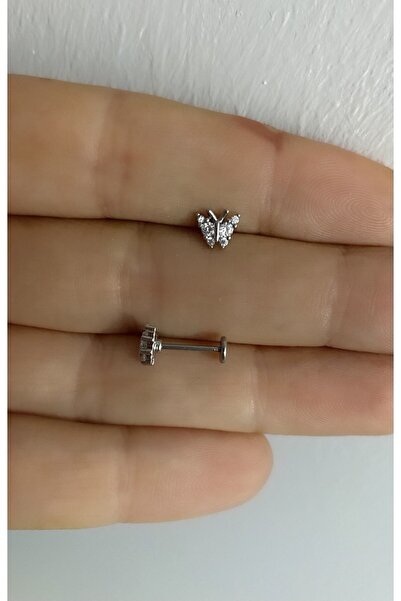 Arescollection zirkon taşlı arkası düz önden vidalı takmalı tragus kıkırdak conch lobe uyumlu 1 adet piercing küpe