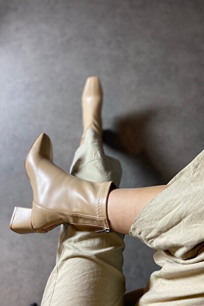 SHOEBELLAS Mink Bej Streç Topuklu Kadın Bot