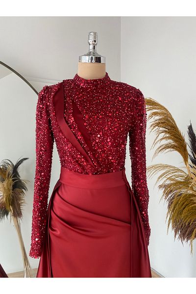 Halezademoda Satin Drape and Sequin Detailed Evening Dress