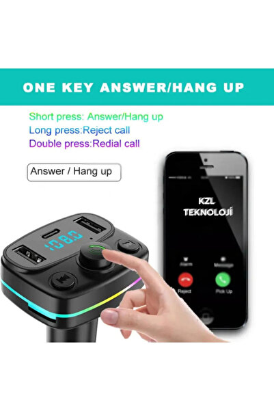 OWWOTECH Fm Transmitter 5.0 Led Işıklı Bluetooth Araç Kiti Usb Mp3 Sd Kart Çakmaklık Girişli Oto Müzik Çalar