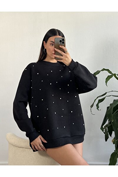 minaaise Hanorac oversize brodat cu piatră neagră 26202