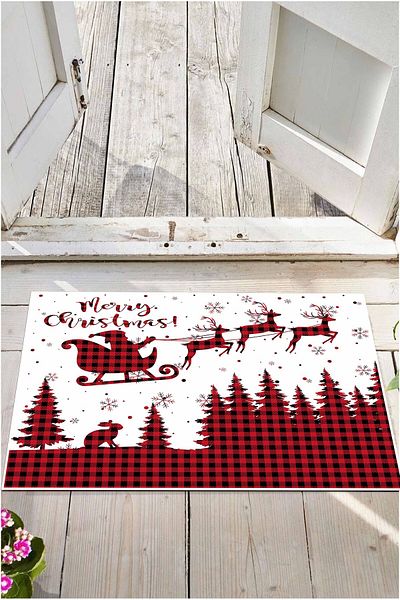 Hayal Dekoratif New Year Themed Merry Christmas Written Plaid Red White Color Digital Printed Bath Mat 50x70