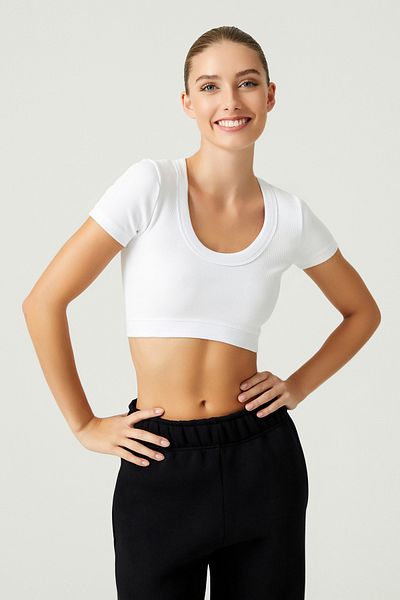Los Ojos x Melodi White Cotton Twill Crop Tričko s krátkým rukávem