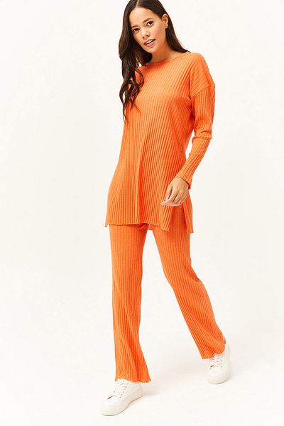 Olalook Orangefarbenes Oberteil mit Schlitz, Bluse und Unterteil für Damen, Palazzo-Kostüm mit Kordelzug, TKM-19000180