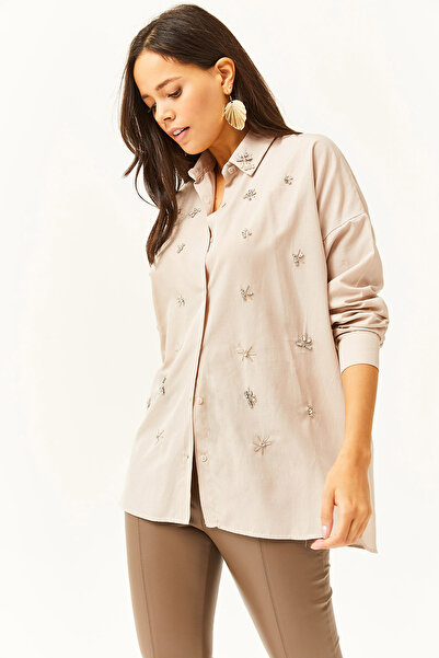 Olalook Γυναικείο πουκάμισο σε μπεζ γιακά και κοσμήματα εμπρός έξι οβάλ υφαντό πουκάμισο GML-19001149