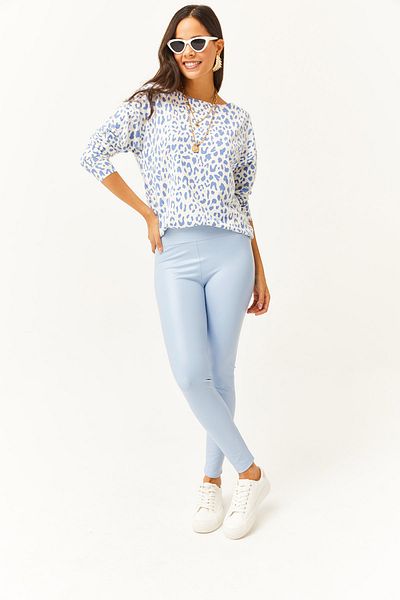 Olalook Damen Leggings mit hoher Taille und Fleece-Innenseite in Babyblau, Lederoptik TYT-19000040
