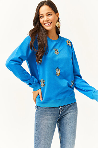 Olalook Kadın Mavi Göz Nakışlı Mevsimlik Sweatshirt SWT-19000598