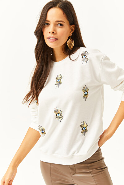 Olalook Kadın Beyaz Göz Nakışlı Mevsimlik Sweatshirt SWT-19000598