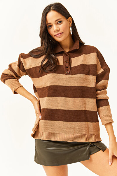 Olalook Kadın Kahverengi Polo Yaka Çizgili Kalın Triko Kazak KZK-19000665