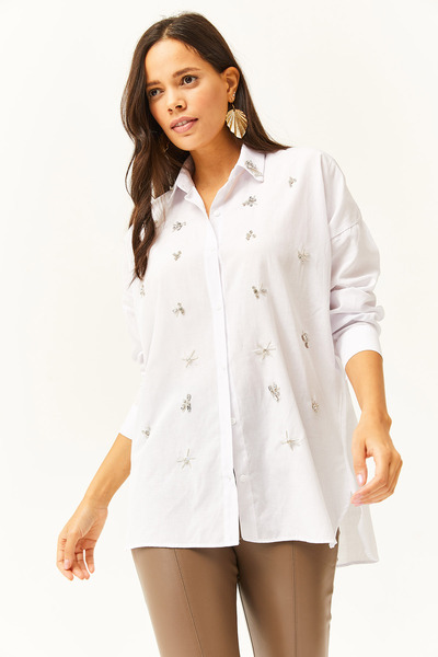 Olalook Kadın Beyaz Yakası ve Önü Taşlı Altı Oval Dokuma Gömlek GML-19001149