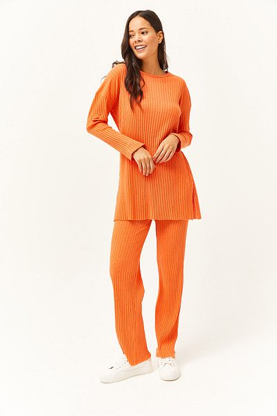 Olalook Orangefarbenes Oberteil mit Schlitz, Bluse und Unterteil für Damen, Palazzo-Kostüm mit Kordelzug, TKM-19000180