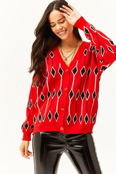 Olalook Women's Red Diamond Patterned Oversize Knitwear Cardigan HRK-19000244
