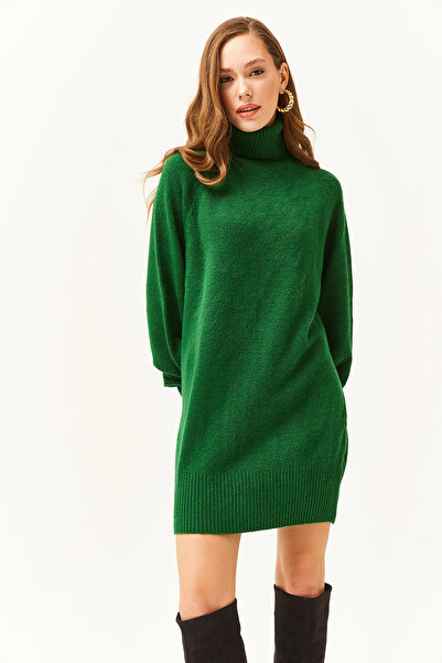 Olalook Dámské smaragdově zelené tunikové šaty s balonovým rukávem s měkkou texturou ELB-19001978