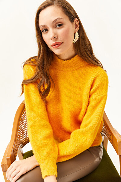 Olalook Women's Yellow Half Turtleneck Soft Textured Bearded Knitwear Sweater KZK-19000679