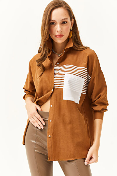 Olalook Dámská hnědá oversize tkaná košile s kapsami GML-19000978