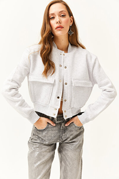 Olalook Kadın Gri Cepli Çıtçıt Kapama İçi Polarlı Crop Ceket CKT-19000365