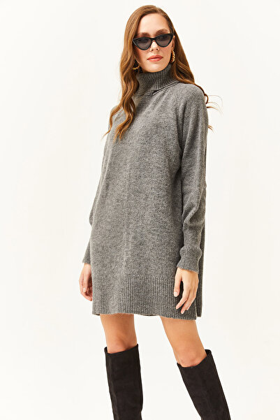 Olalook Kadın Antrasit Balıkçı Yaka Balon Kol Yumuşak Dokulu Tunik Elbise ELB-19001978