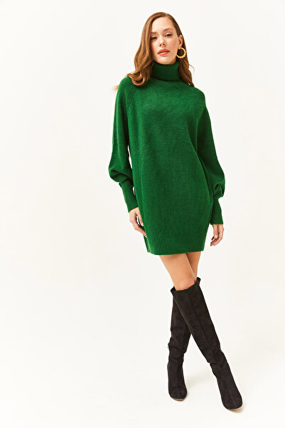 Olalook Dámské smaragdově zelené tunikové šaty s balonovým rukávem s měkkou texturou ELB-19001978