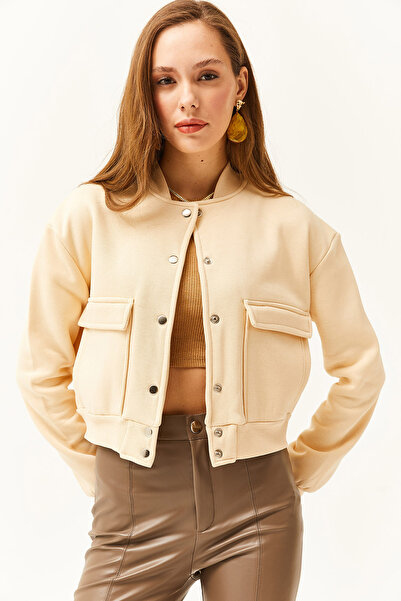 Olalook Γυναικείο μπεζ τσεπάκι με κουμπωτό κλείσιμο εσωτερικά Fleece Crop Jacket CKT-19000365