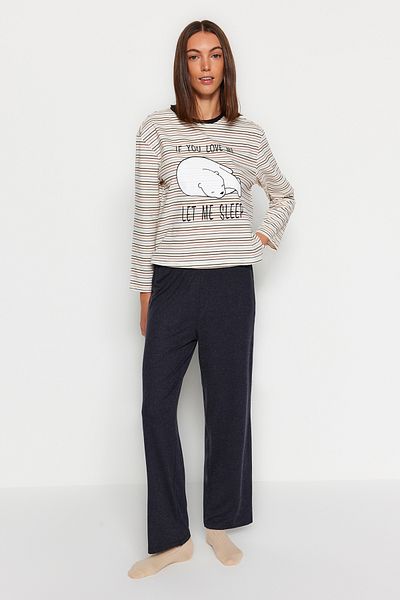 Trendyol Collection Multicolor Striped Slogan Printed T-shirt-Pants Knitted Pajamas Set THMAW24PT00238
