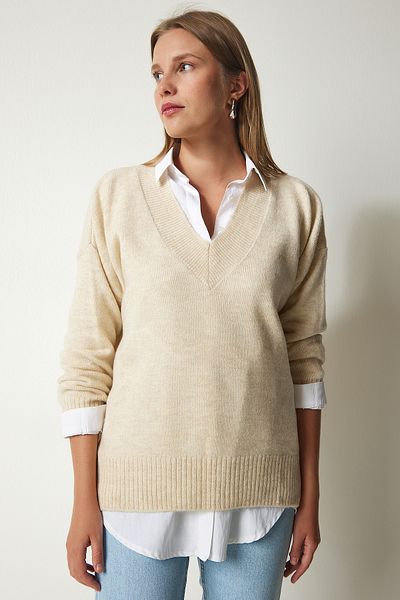 Happiness İstanbul Pulover oversize din tricot de damă, bej, cu decolteu în V BV00003