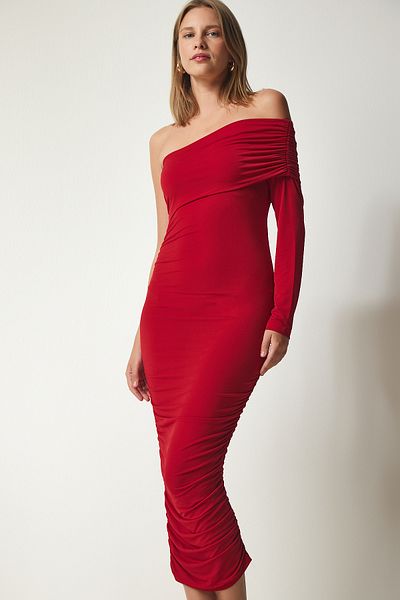 Happiness İstanbul Women's Red One-Shoulder Gathered Sandy Dress YK00076