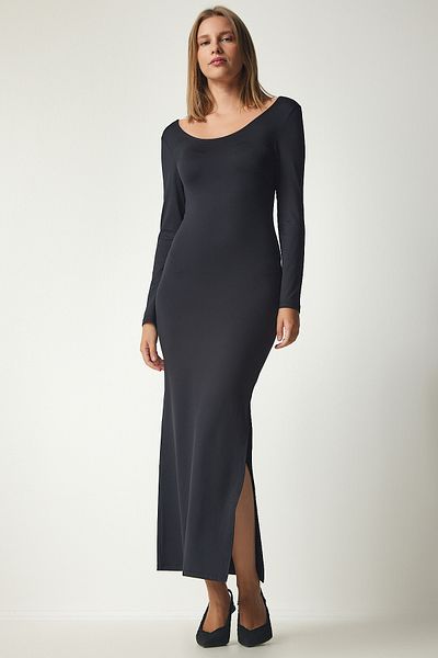 Happiness İstanbul Women's Black U-Neck Slit Sandy Dress UB00199