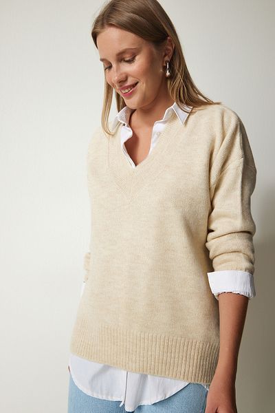 Happiness İstanbul Pulover oversize din tricot de damă, bej, cu decolteu în V BV00003