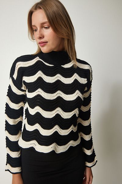 Happiness İstanbul Women's Black Patterned Crop Knitwear Sweater CI00096