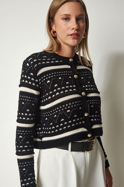 Happiness İstanbul Women's Black Patterned Double Layer Thick Knit Cardigan DP00194