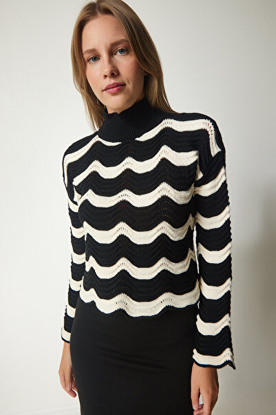 Happiness İstanbul Dámsky čierny vzorovaný pletený sveter CI00096