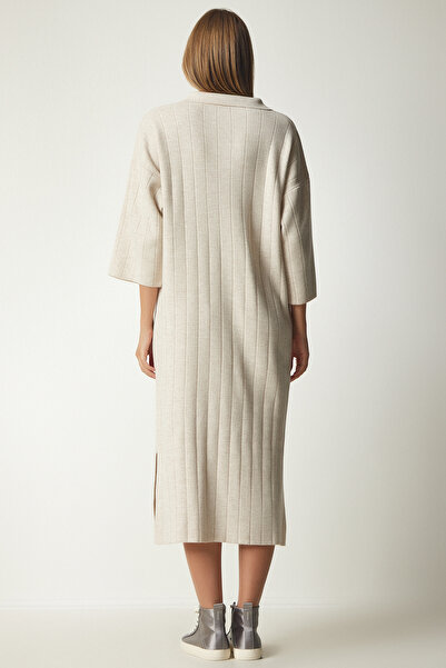 Happiness İstanbul Női krémszínű póló nyakú Oversize kötöttáru ruha YY00178