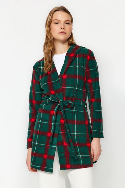 Trendyol Collection Zimní zelený kostkovaný fleecový župan – s kapucí, pletený Thmaw24Sb00020