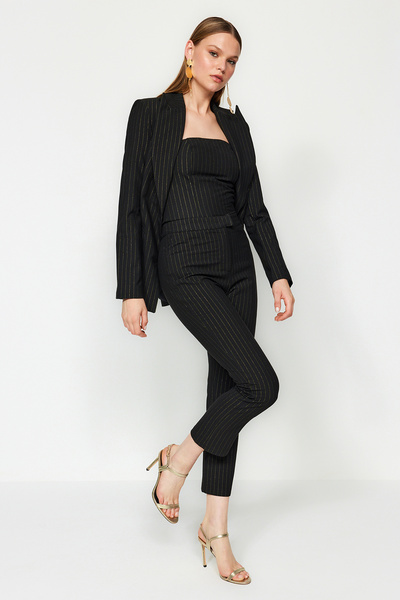 Trendyol Collection Black Shiny Striped Polyviscon Trousers TPRAW24PL00017