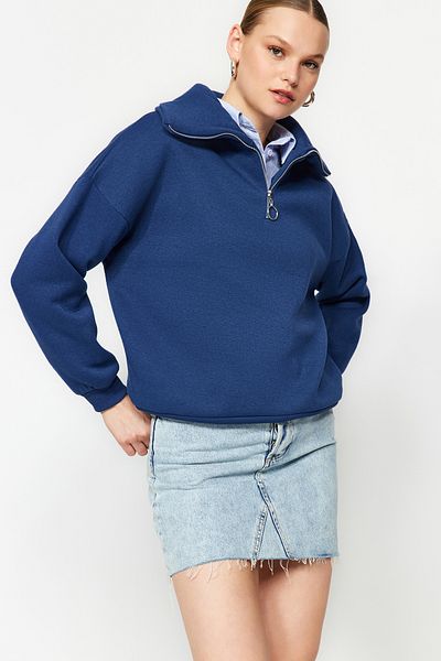 Trendyol Collection Indigový stojáček na zip Silný vnitřní fleece Pletená mikina Regular Fit TWOAW24SW00347
