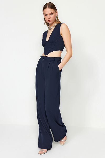 Trendyol Collection Sötétkék széles szárú szőtt nadrág TPRAW23PL00016