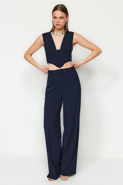 Trendyol Collection Sötétkék széles szárú szőtt nadrág TPRAW23PL00016