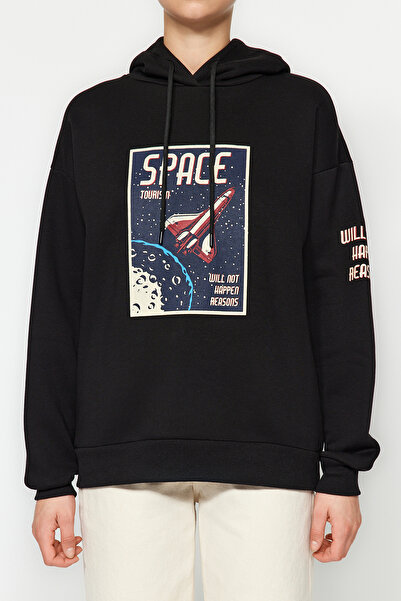 Trendyol Collection Черен дебел полар с отпечатано вътрешно пространство Oversize/широка плетена суичър TWOAW24SW00407