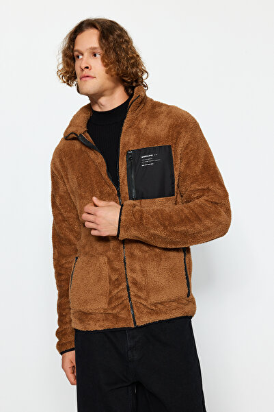 Trendyol Collection Унисекс кафява плюшена жилетка - стояща яка, цип, нормална кройка Tmnaw24Sw00089