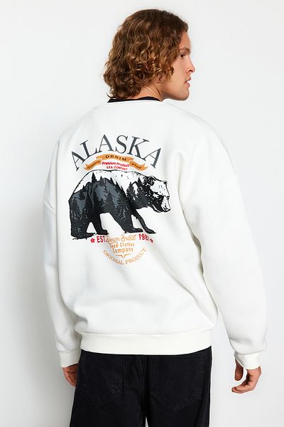 Trendyol Collection Ecru Oversize Fit Crew λαιμόκοψη Βαμβακερή μπλούζα με στάμπα ζώων με φλις μέσα TMNAW24SW00131